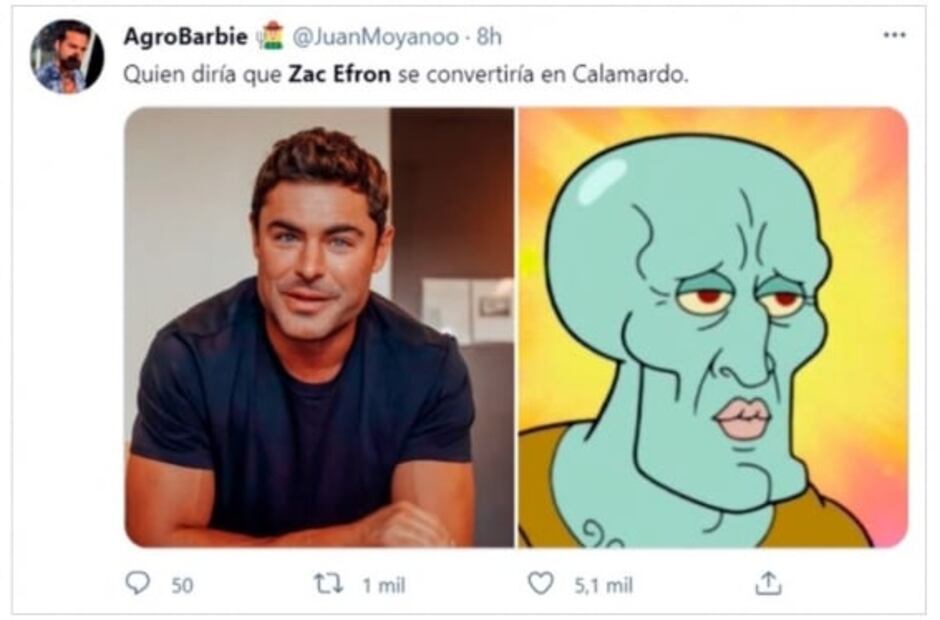 Impacta nuevo rostro de Zac Efron, lo llaman "Calamardo guapo"