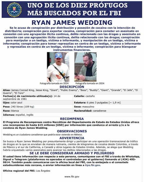 El exatleta Ryan James Wedding opera desde México en alianza con el Cártel de Sinaloa, según la embajada estadounidense. Foto: Especial