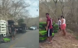 Vuelca tractocamión en carretera de Oaxaca; pobladores rapiñan pollos vivos
