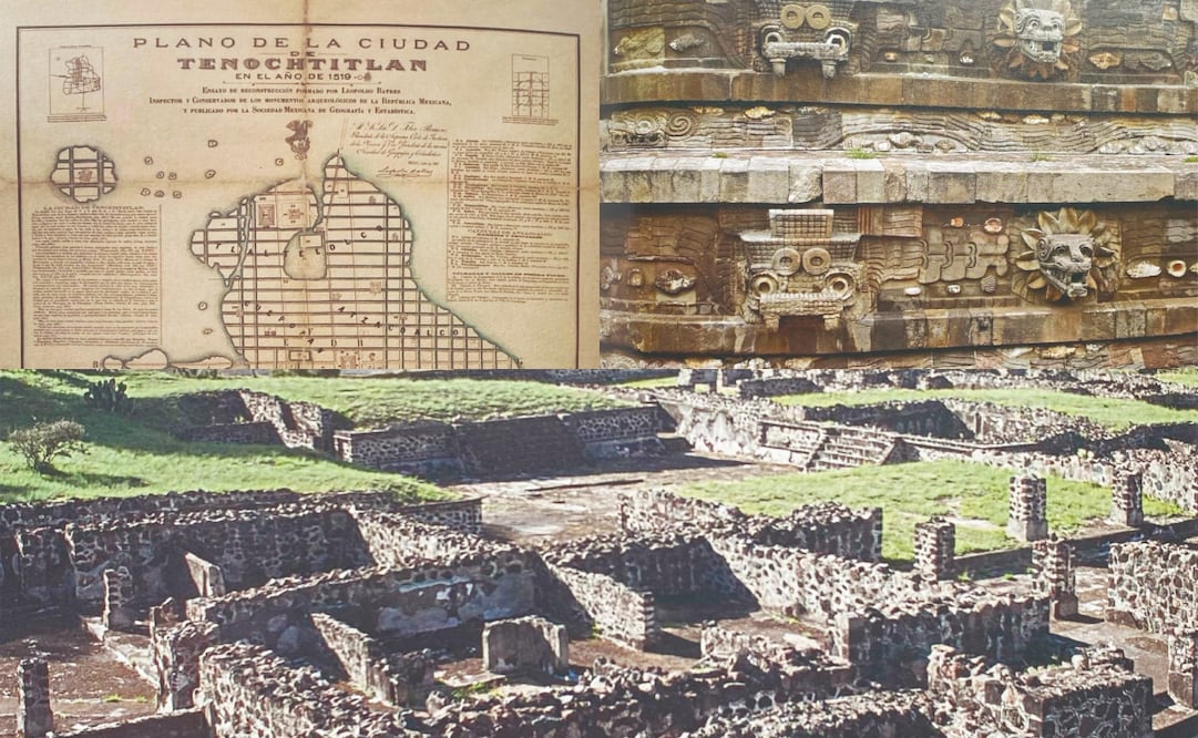 Arriba, un mapa de Tenochtitlán, construida a semejanza de Teotihuacan.
En medio, una de las pirámides en lo que hoy es el Estado de México.
Abajo, el Templo de Quetzalcóatl, que muestra detalles de sus muro. FOTOS DEL LIBRO Teotihuacan y Tenochtitlan. De la Pirámide del Sol al Templo Mayor