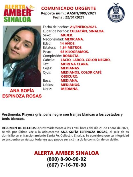 Buscan a Ana Sofía en Sinaloa; salió a visitar a una amiga y no regresó