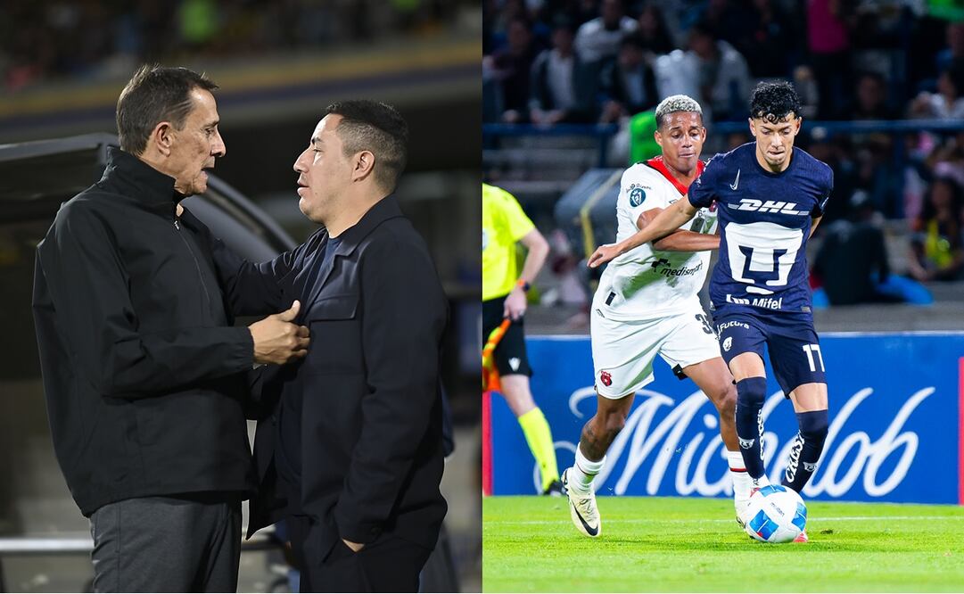 Alexandre Guimaraes y Efraín Juárez saludándose, durante el partido entre Pumas y Alajuelense en la Copa de Campeones de la Concacaf - Fotos: Imago7