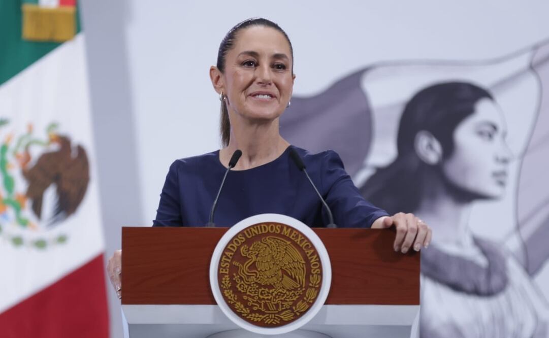 Claudia Sheinbaum en Palacio Nacional durante su conferencia matutina el 8 de agosto de 2025. Foto: Fernanda Rojas / EL UNIVERSAL