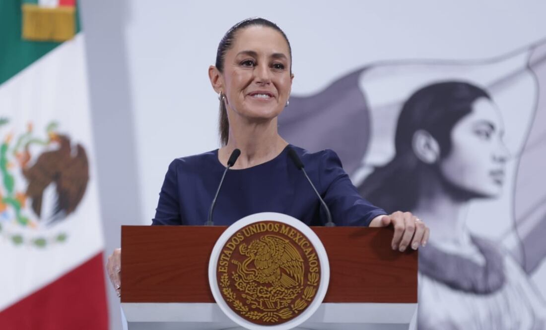 Claudia Sheinbaum en Palacio Nacional durante su conferencia matutina el 8 de agosto de 2025. Foto: Fernanda Rojas / EL UNIVERSAL