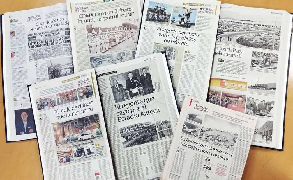 Diversas planas de Mochilazo en el Tiempo. A lo largo de sus 10 años de publicación, el diseño de la sección ha cambiado gracias al talento de nuestros diseñadores. Mochilazo en el tiempo también ha sido un noble espacio para muchos jóvenes practicantes de periodismo, que les ayuda a encontrar su estilo y a aprender a investigar y a entrevistar en forma básica. Foto: Liza Luna/EL UNIVERSAL.