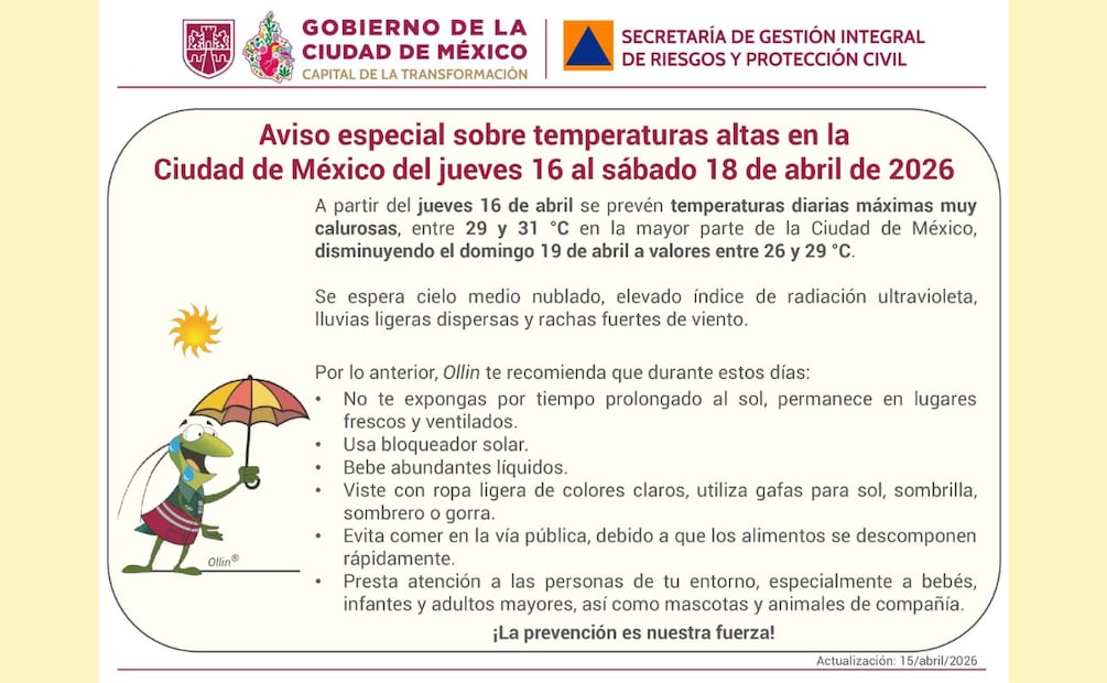 La SGIRPC emitió una serie de recomendaciones para estos días, como no exponerse por tiempo prolongado al sol. | Foto:Especial.