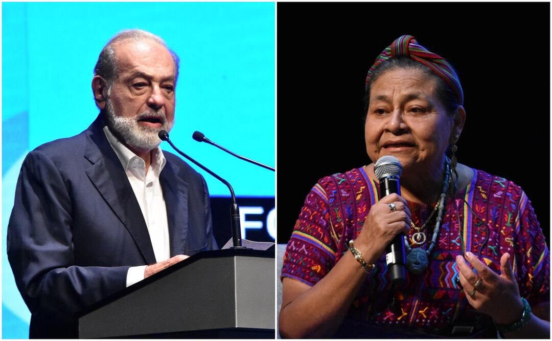 Carlos Slim y Rigoberta Menchú durante clausura de Cumbre Mundial Premios Nobel por la Paz en Nuevo León este 20 de septiembre de 2024. Foto: Emilio Vázquez / EL UNIVERSAL