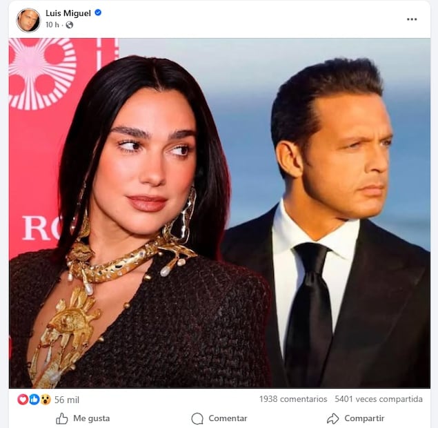 Luis Miguel compartió esta imagen en Facebook, donde ya suma más de 55 mil reacciones.