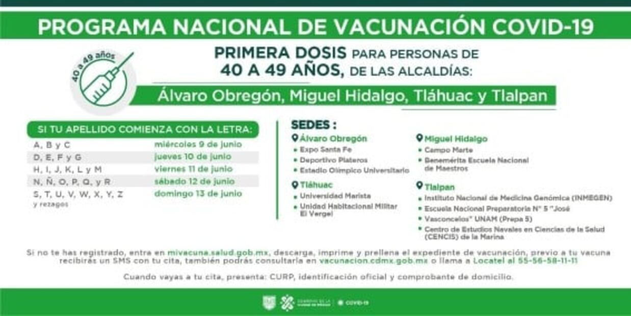 Hoy, último día de vacunación antiCovid de adultos de 40 a 49 años en 4 alcaldías