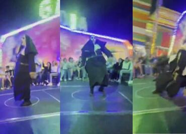 ¡Perdió el piso! Captan caída de la "Monja de la Feria” mientras bailaba en juego mecánico: VIDEO