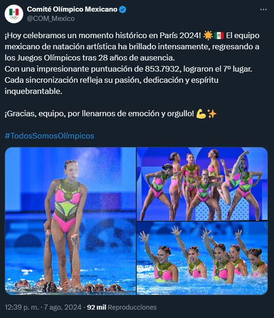 Publicación del COM sobre las mexicanas en la Natación Artística