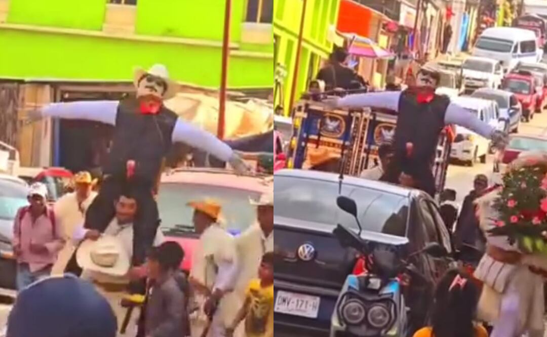 En el centro de San Juan Chamula, indígenas tzotziles queman Judas de Jesús Malverde durante el Sábado de Gloria en Chiapas (19/04/2025). Foto: Especial