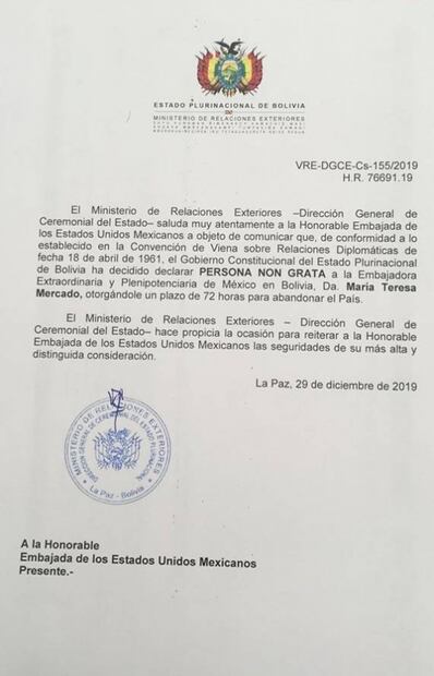Presidenta interina de Bolivia expulsa a embajadora de México