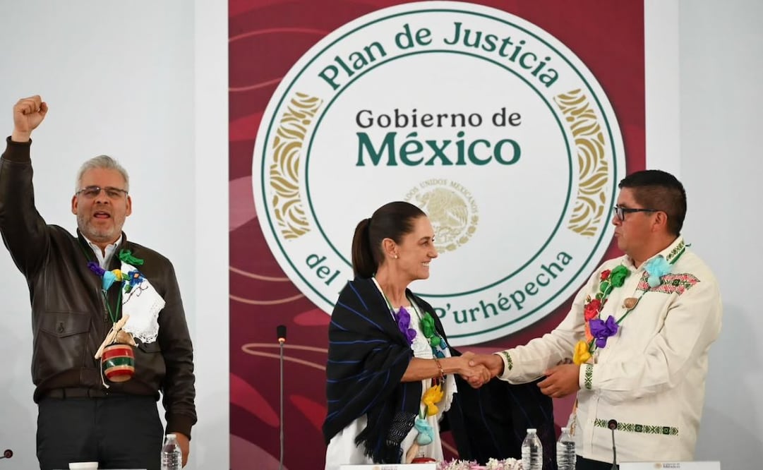 La presidenta de México, Claudia Sheinbaum, en Cherán, Michoacán, durante la presentación de avances del Plan de Juticia del Pueblo Purépecha. Foto: Especial