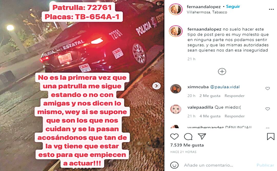 La joven subió a Instagram la foto de la patrulla que la acosó. Foto: Especial.