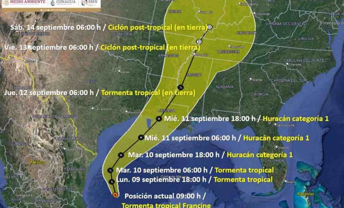 Trayectoria de la tormenta tropical Francine. Foto: X @conagua_clima
