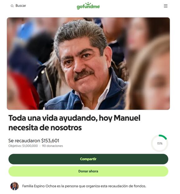 Recaudación de fondos para el diputado Manuel Espino. Foto: Captura de pantalla de la página GoFundMe.