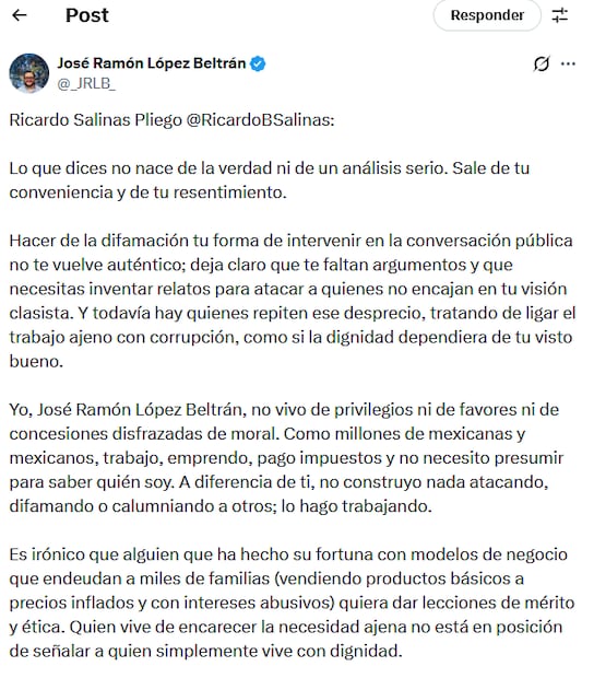 José Ramón López Beltrán responde a Salinas Pliego (25/12/2025). Foto: Captura de pantalla