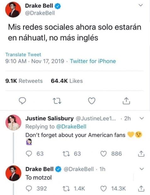 Drake Bell se entrega al español en Twitter y le responden con memes