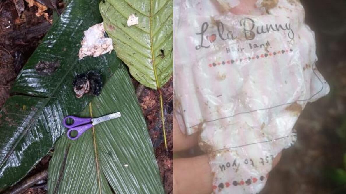 Algunos de los objetos que han encontrado autoridades y que serían de de los niños desaparecidos en la selva, que tienen 13, 9, 4 años, y un bebé de 11 meses. FOTO: Aeronáutica Civil