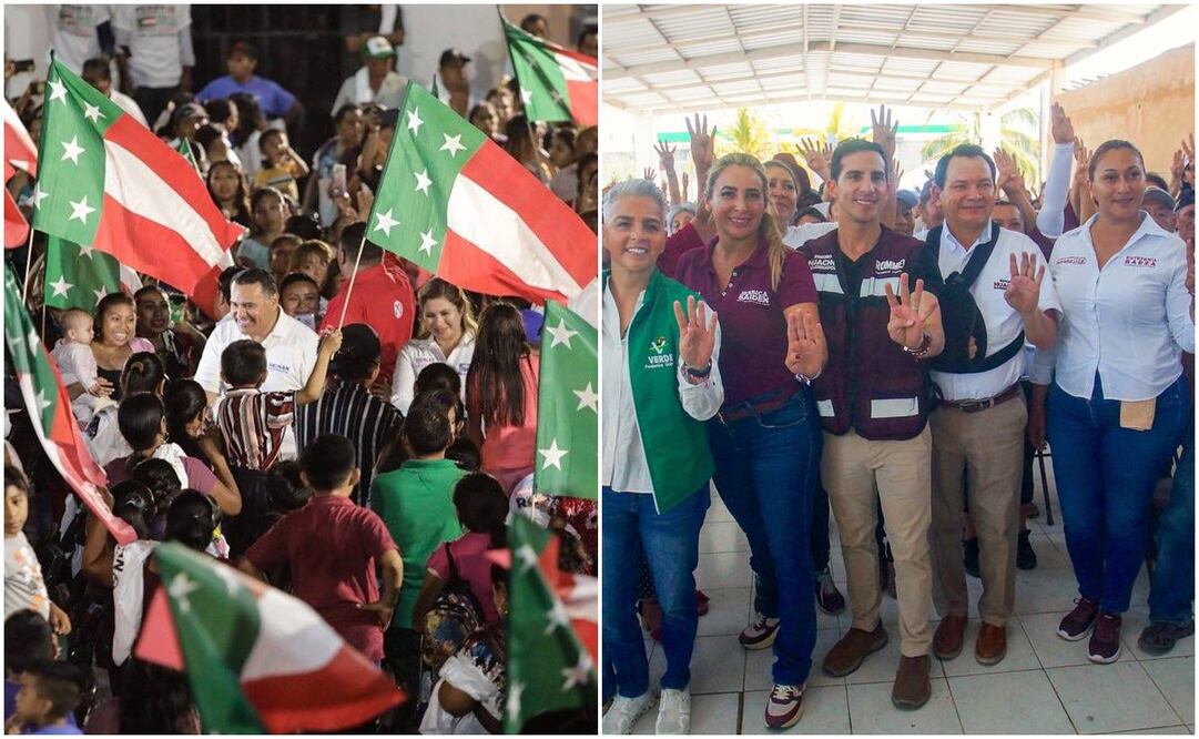 El candidato de la alianza PAN, PRI, PANAL, Renán Barrera se reunió con gente de Uayma, Yucatán; mientras que el candidato de Morena, Joaquín Díaz Mena, se reunió con mototaxistas dd Yucatán. Foto Especial