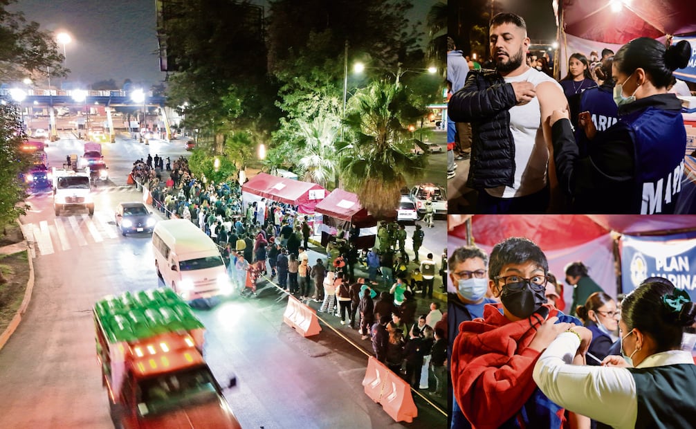 El módulo opera de 20:00 a 07:00 horas en los accesos Muro 1 y Muro 2 en la Central de Abasto. Personal del IMSS-Bienestar, de la Marina y del Ejército aplica la vacuna. Fotos: Valente Rosas / EL UNIVERSAL