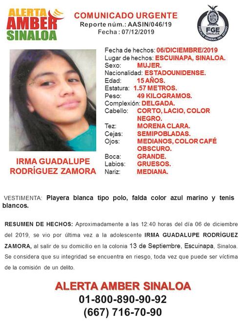Alerta Amber. Con el caso de Irma Guadalupe van siete mujeres desaparecidas en tres meses en Sinaloa. Foto/Especial