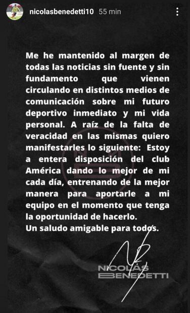 Nico Benedetti lanza comunicado sobre su situación con América