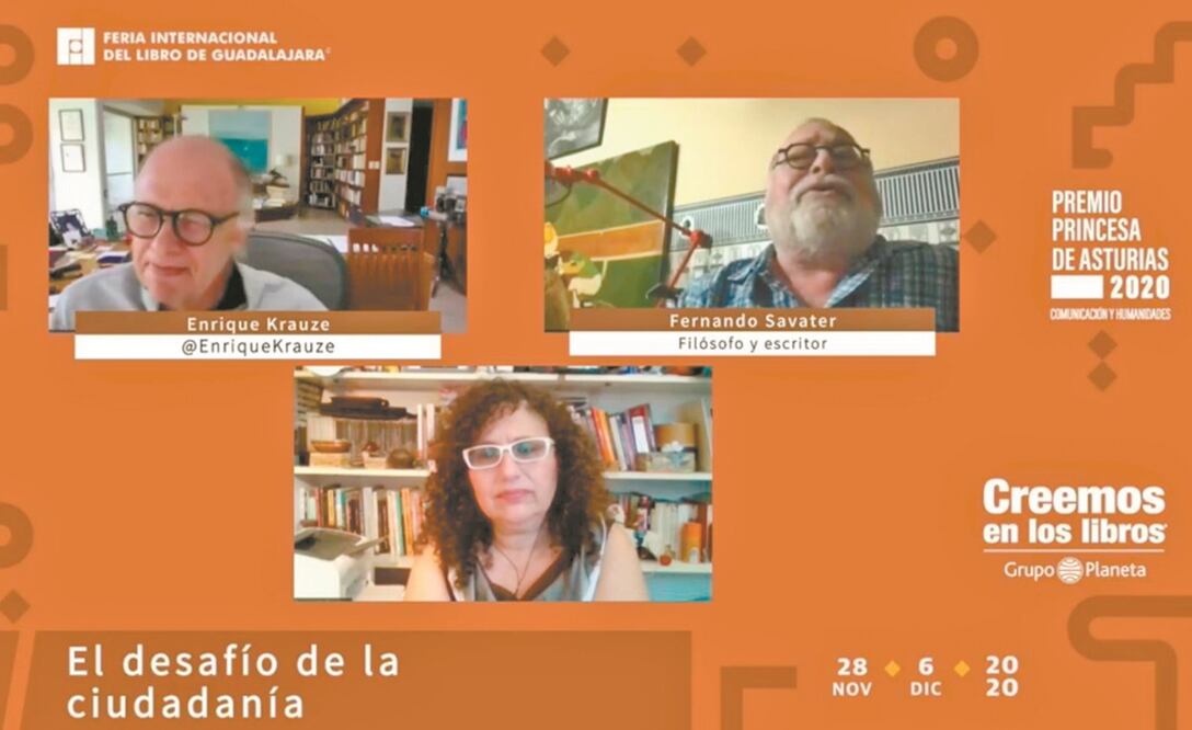 De forma virtual, los escritores Enrique Krauze y Fernando Savater ofrecieron la charla “El desafío de la ciudadanía”, moderados por Patricia Kolesnicov. Foto: ESPECIAL