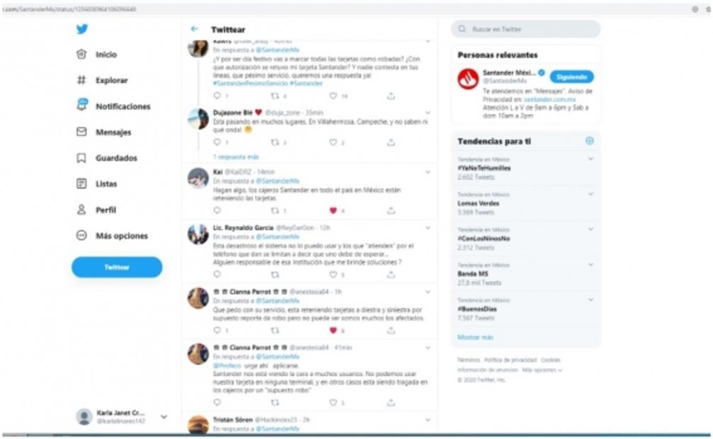 Clientes de Santander reportan fallas con tarjetas en cajeros y en app