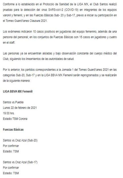 Treinta casos de Covid-19 en Santos Laguna; reprograman dos partidos contra Cruz Azul