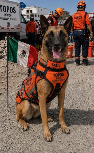 "Mali", binomio canino que ayuda a rescates en Venezuela. Foto: redes sociales Topos Aztecas