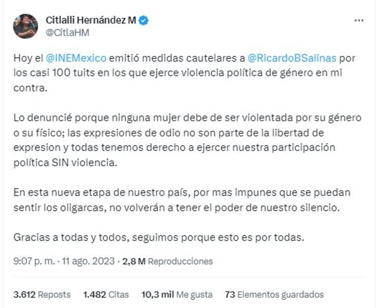 Tweet Citlalli Hernández INE