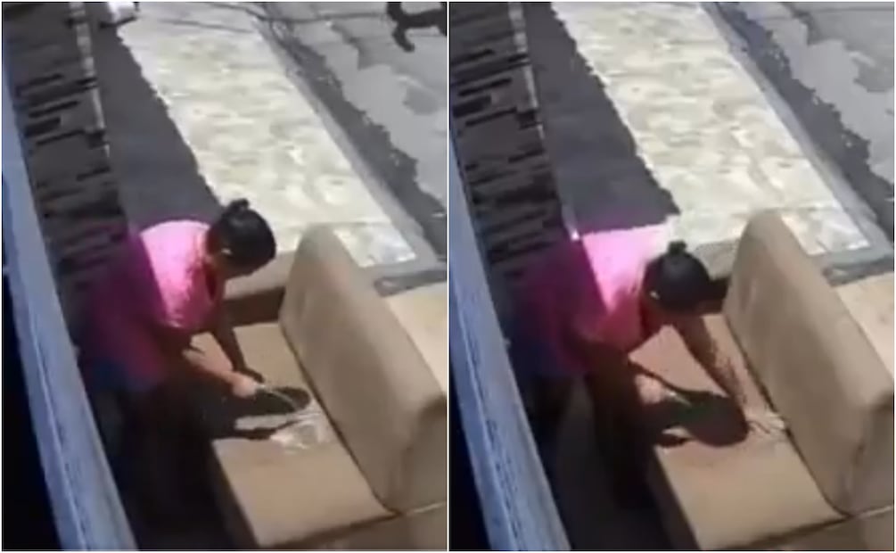 Al inicio del video se ve a la mujer enjuagando el sillón con agua. Foto: X