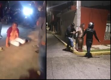 Repartidores golpean y amarran a supuesto defraudador en Veracruz