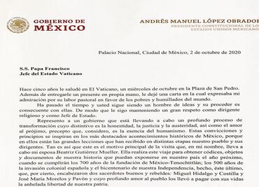 AMLO difunde carta íntegra que mandó con Beatriz al Papa Francisco