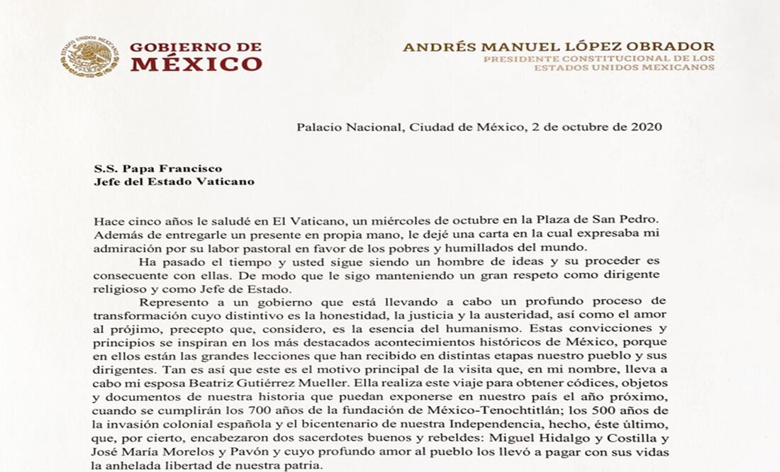 AMLO difunde carta íntegra que mandó con Beatriz al Papa Francisco