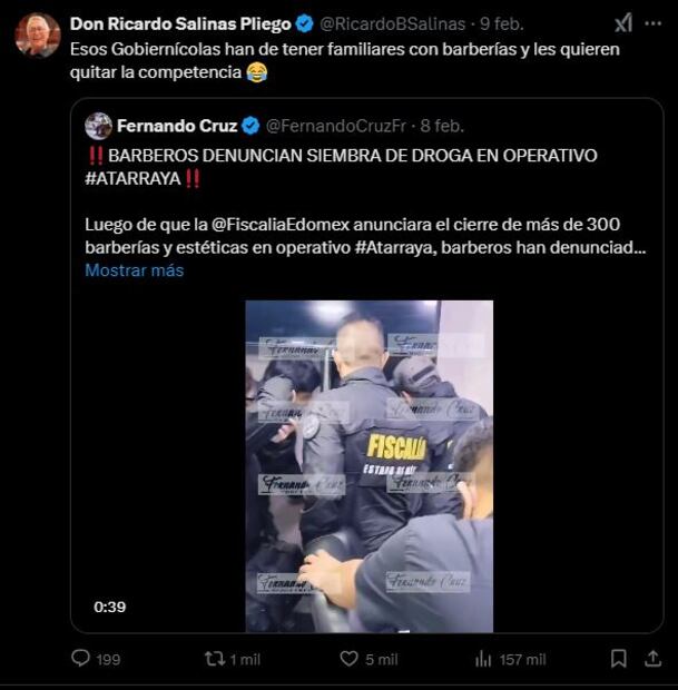 Salinas Pliego lanza dardo a “gobiernícolas” tras denuncia de barberos en Operativo Atarraya. Foto: Captura de pantalla