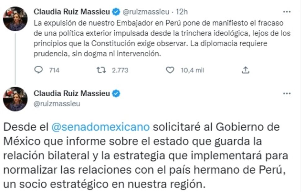 Expulsión de embajador en Perú, fracaso de política exterior desde la trinchera ideológica: Claudia Ruiz Massieu 