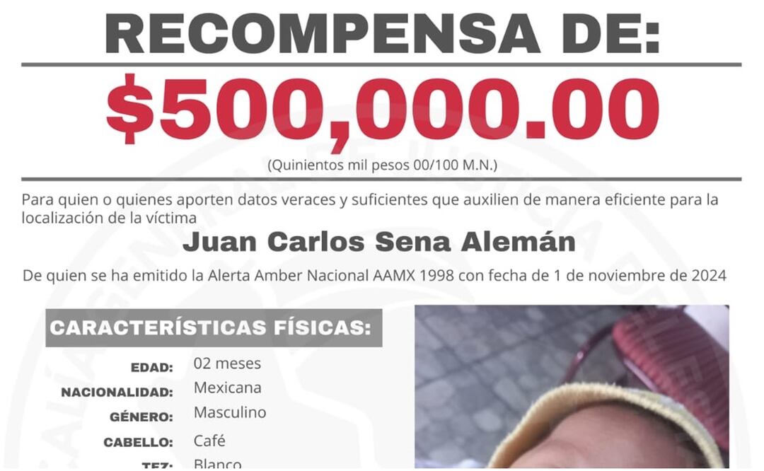 La Fiscalía de NL ofrece recompensa de medio millón de pesos para quien aporte datos que ayuden a localizar a bebé raptado en Escobedo. Foto: Especial