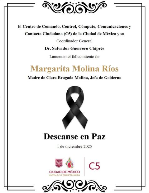 Imagen compartida por el coordinador general del C5, Salvador Guerrero Chiprés, publicó sus condolencias en redes sociales (01/12/2025). Foto: Captura de pantalla