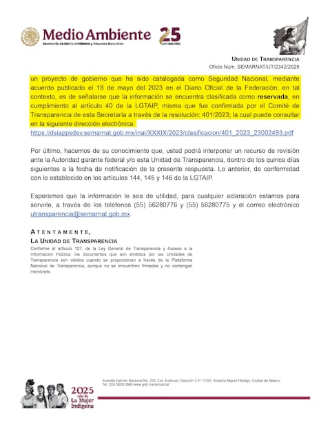 La Semarnat señaló que la información ambiental vinculada al proyecto del Tren Maya podrá hacerse pública hasta 2028, con base en la resolución interna identificada como 401/2023.
