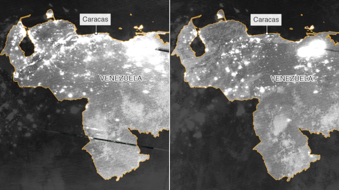 Las imágenes satelitales muestran las luces nocturnas de Venezuela el 7 de marzo antes del apagón y las de la noche siguiente, cuando partes de la región occidental del país quedó a oscuras (Foto: BBC)