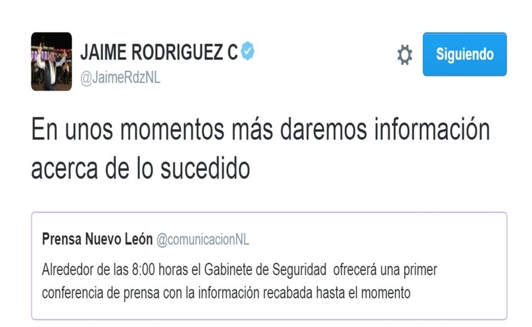 El gobernador escribió su primer tuit sobre Topo Chico casi 9 horas después del suceso (TOMADA DE TWITTER)