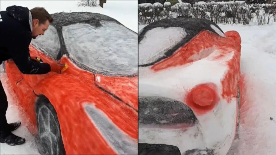 Pareja recrea un Ferrari de 1.5 millones de dólares hecho de nieve