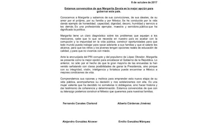 Ex gobernadores panistas expresan su apoyo a Zavala