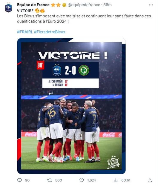 Tweet de la Selección de Francia - Foto: @equipedefrance en X
