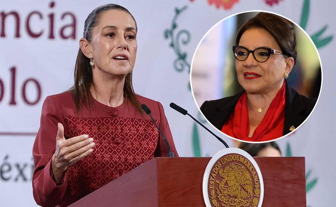 Claudia Sheinbaum, presidenta de México, durante la mañanera del 24 de noviembre del 2025 y la presidenta hondureña, Xiomara Castro. Fotos: Berenice Fregoso  / EL UNIVERSAL y Getty Images