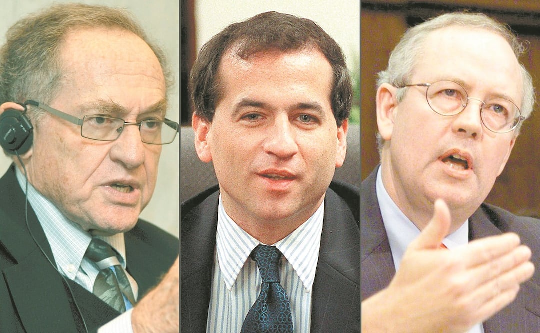 Alan Dershowitz, durante una conferencia, en 2011; Robert Ray, en una reunión en Washington, en 1999, y Kenneth Starr, testificando, en 1998. Foto: FOTOS: AFP