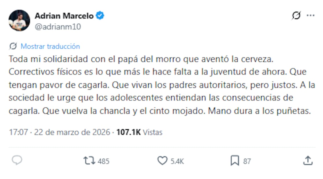 Adrián Marcelo respalda a padre que regañó a su hijo en juego de Chivas; "que vivan los padres autoritarios", dice. Foto: Captura de pantalla X